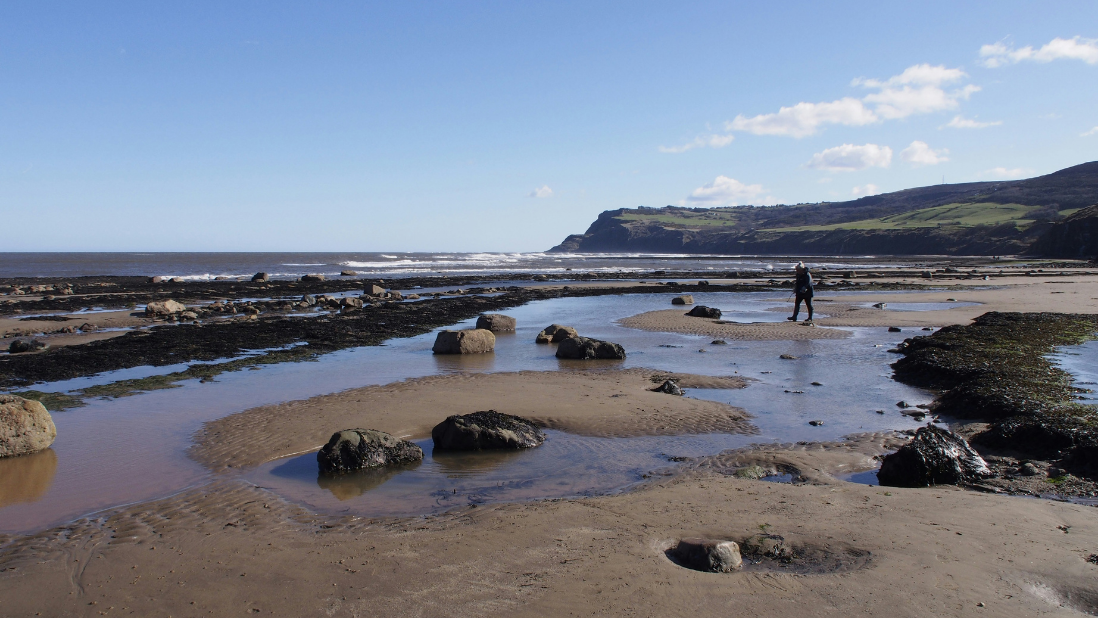 Image of Robin Hood's Bay with close up of sand with sea in background and a person walking along the beach