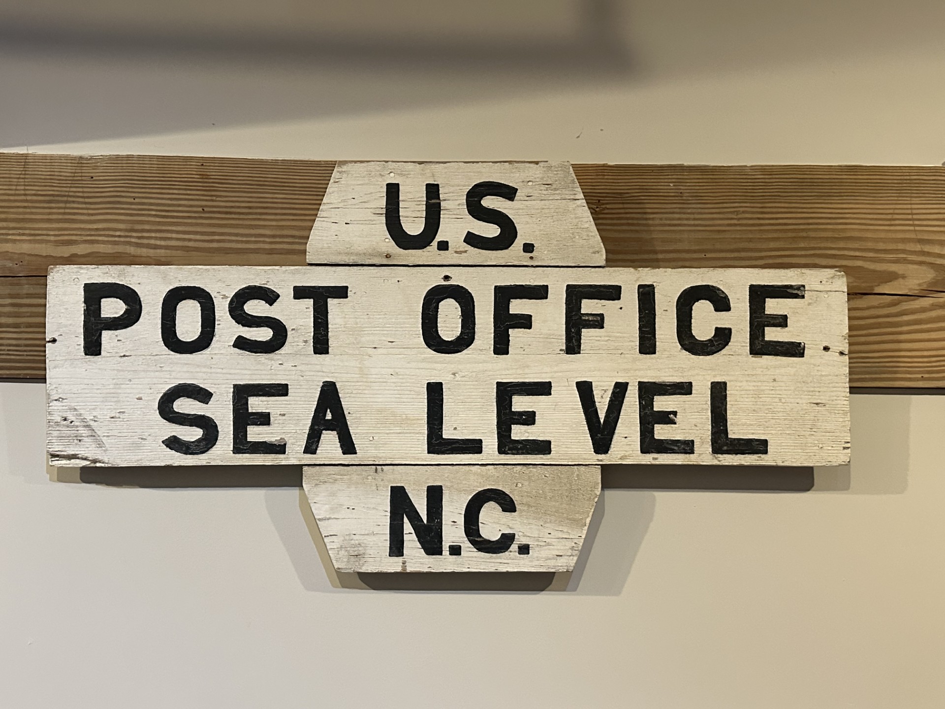 Post Office sign from the aptly-named Sea Level in Carteret County, now in the Core Sound Waterfowl Museum on Harker's Island