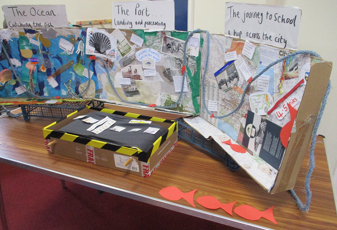 Plymouth FishFInger blog 3 Table top display of labelled coastal artworks including red paper cut-outs of fish